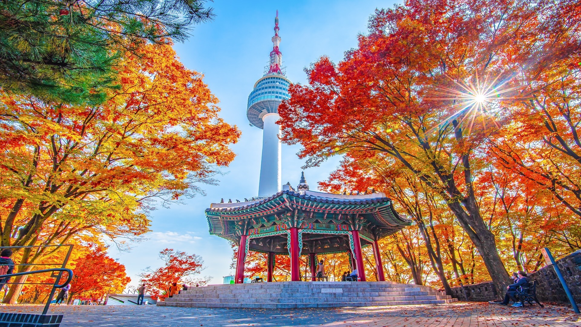 Namsan Tower and pavilion during the autumn leaves in Seoul, South Korea.